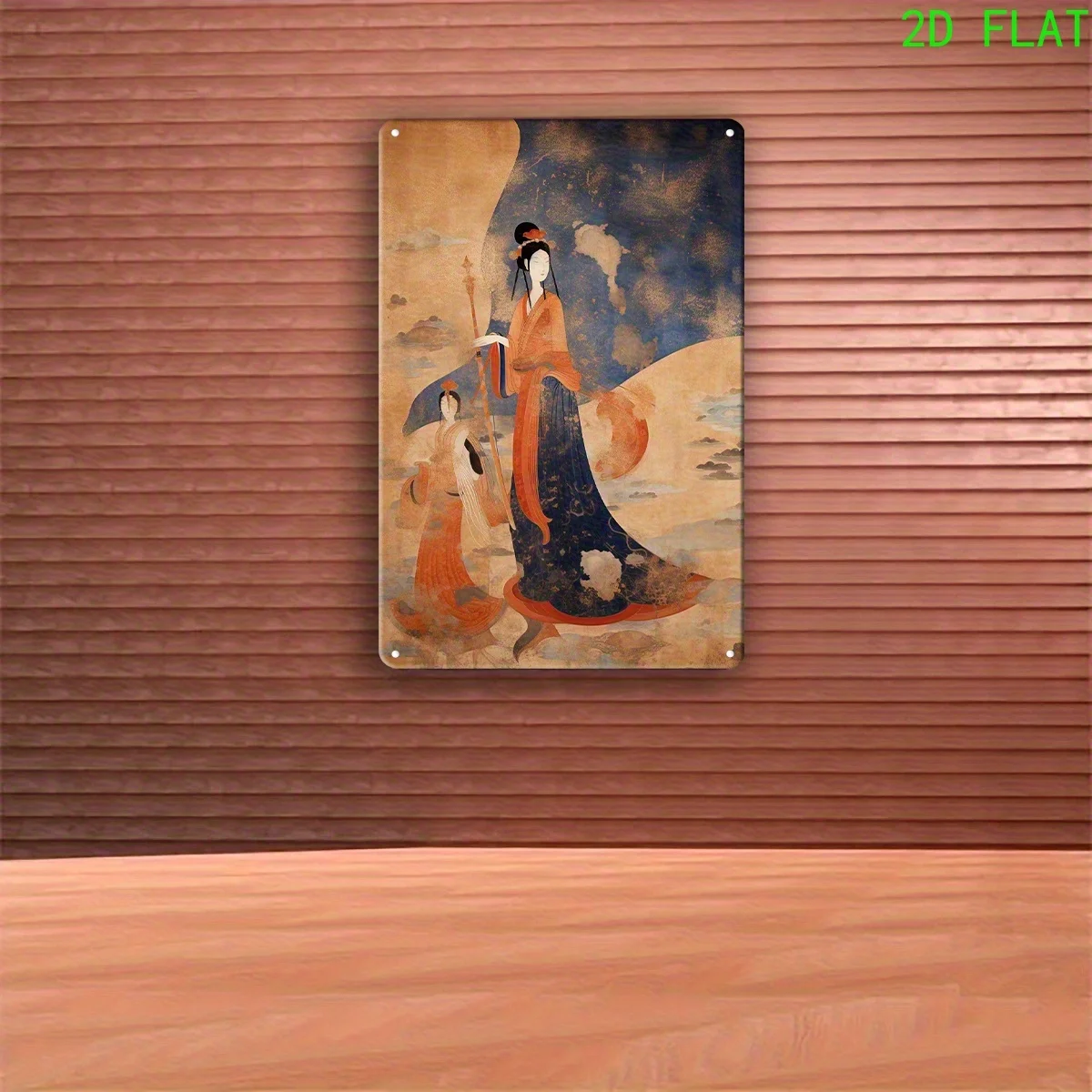 Vintage Vertical Metal Wall Art - Nature-Inspired Traditional Attire Figures Painting, Durable Tinplate Home Decor for Living R