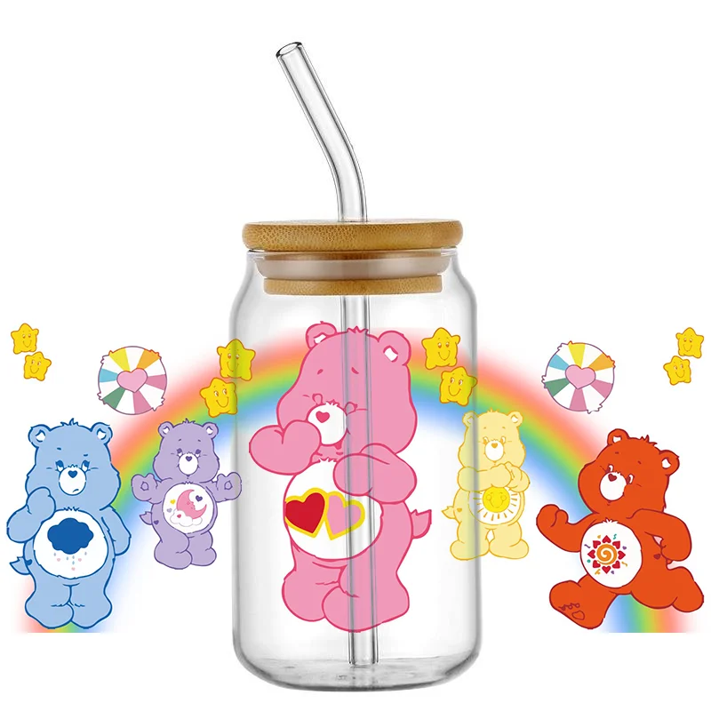 Cartoon Care Bears 16OZ UV DTF Cup Wraps Transfer Sticker For Glass Libbey Can Bottle Selfadhesive Washable DIY Custom