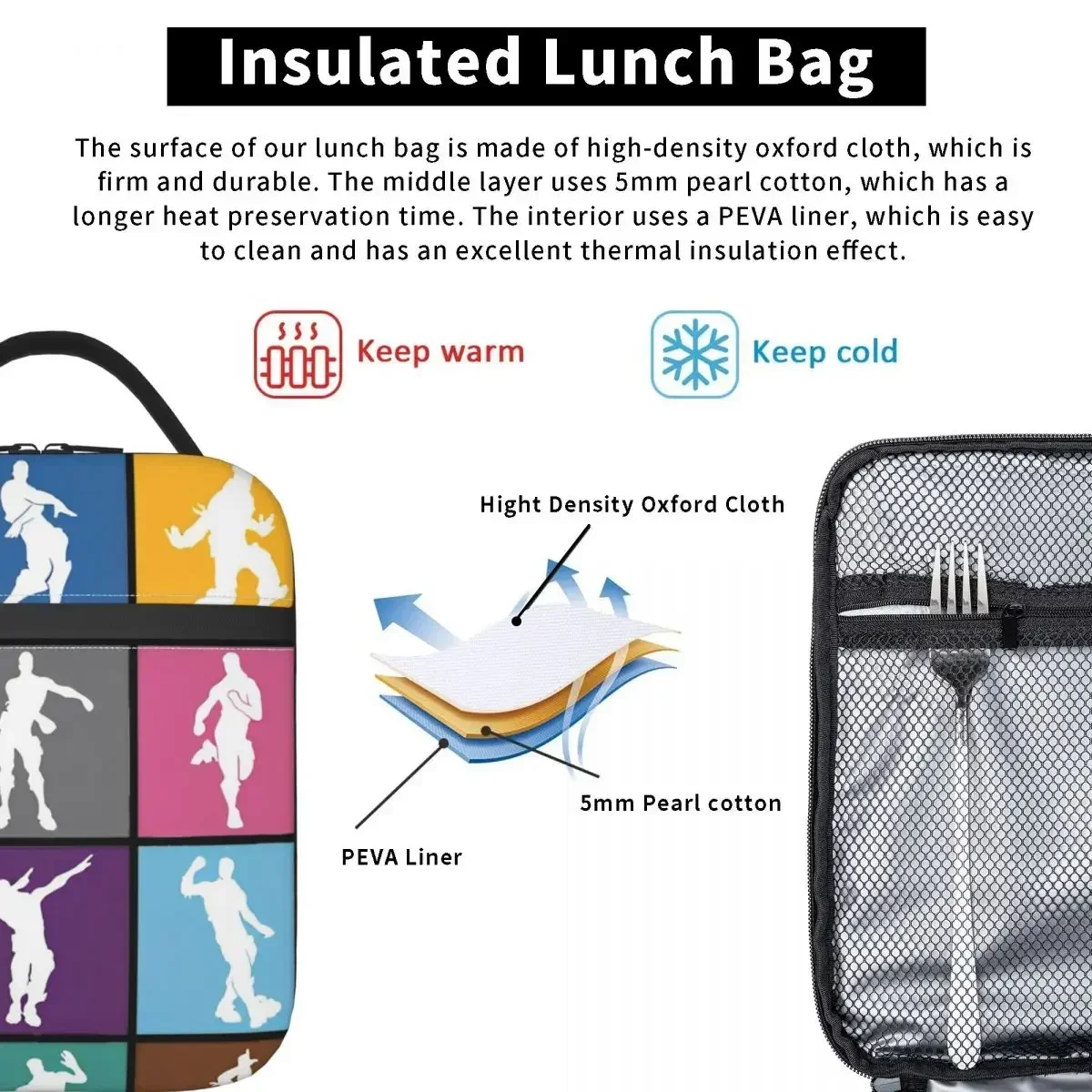 Fortnited Battle Royale Victory Dance Lattice Insulated Lunch Bags Leakproof Meal