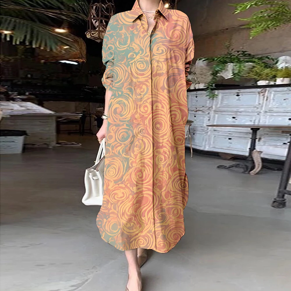 2025 Spring Female Blouse Dresses Elegant Colorful Floral Print Long Sleeve Shirt dress Casual Loose Women's Button Maxi Dress