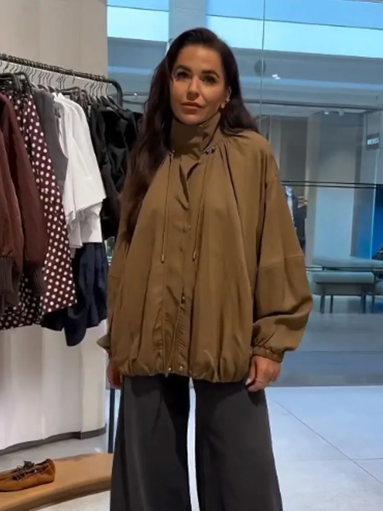 HH Herbst Frauen Lose Jacke Zipper Plissee Taschen Dekoration Mantel Lässig Frau Lange Hülse Dünne High Street Stil Jacke