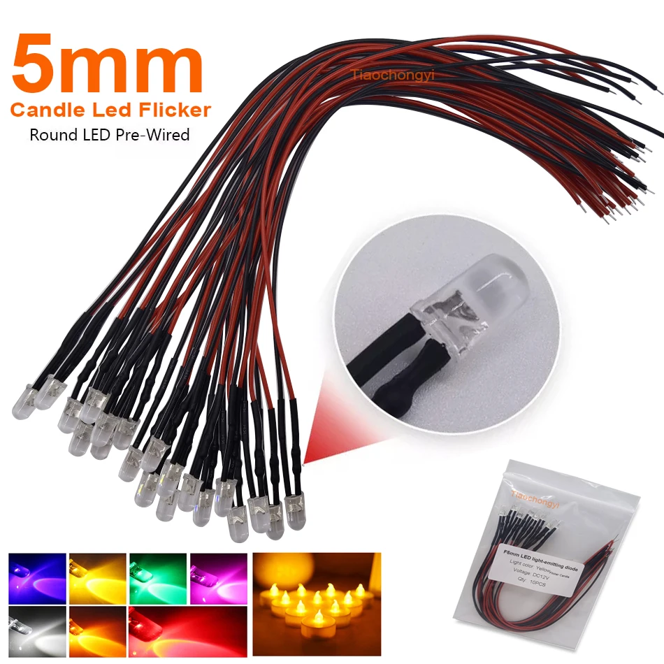 10X DC5V 12V 5mm LED Candle Flickering 20cm Pre-wired water clear Orange Red Yellow white led Flicker light-emitting diode Lamp