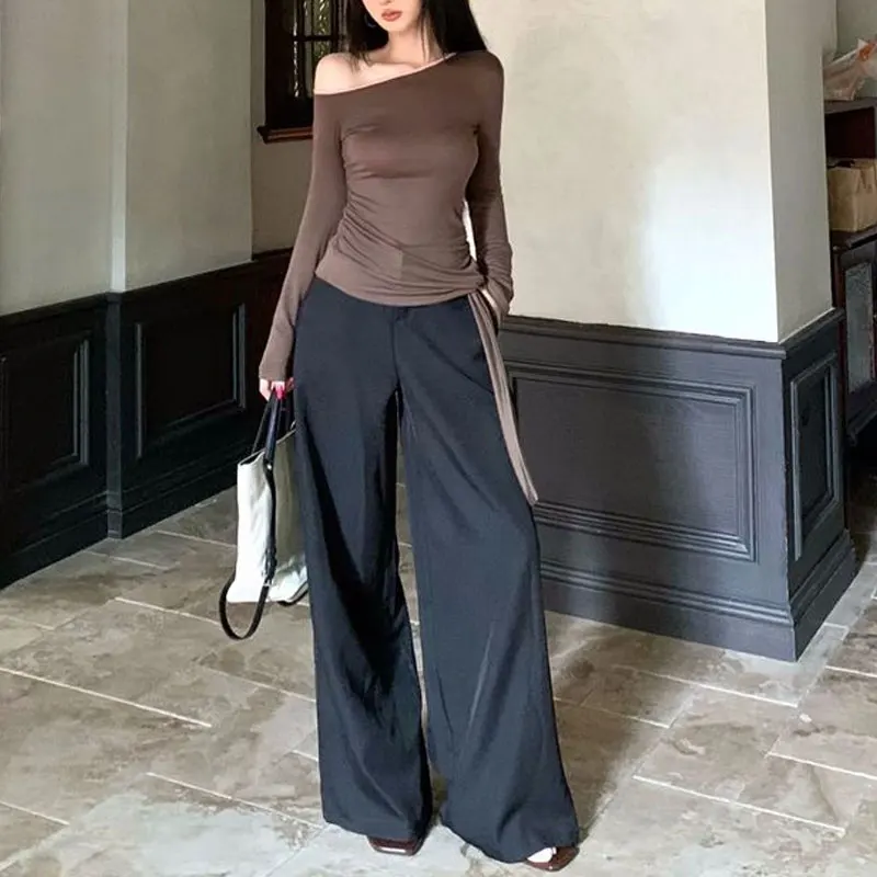 Multi Color Modal One Shoulder Neck Long Sleeve T-shirts Women Side Gathered Tie Sash Thumb Cuff Slim Bodycon Basic Pullovers