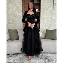 Two Pieces Prom Dresses for Special Occasions Customized Long Sleeve Strapless Evening Dress Saudi Arabia Sequins Party Occasion