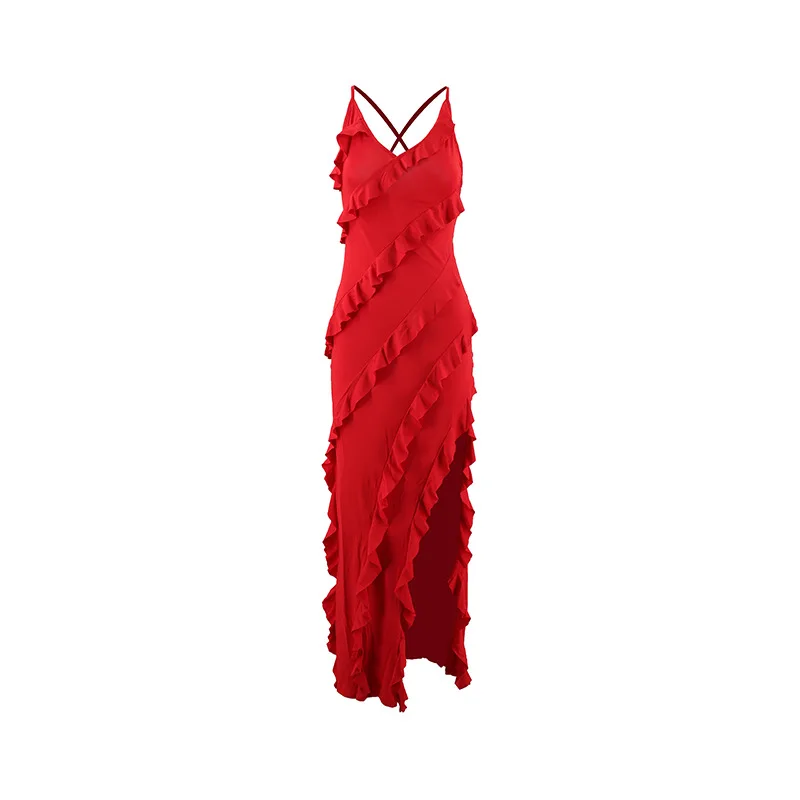 Elegant V-neck Sleeveless Long Tube Dress for Women Chic Ruffle Draped Side Split Summer Party Robe 2025 Style Female Fashion