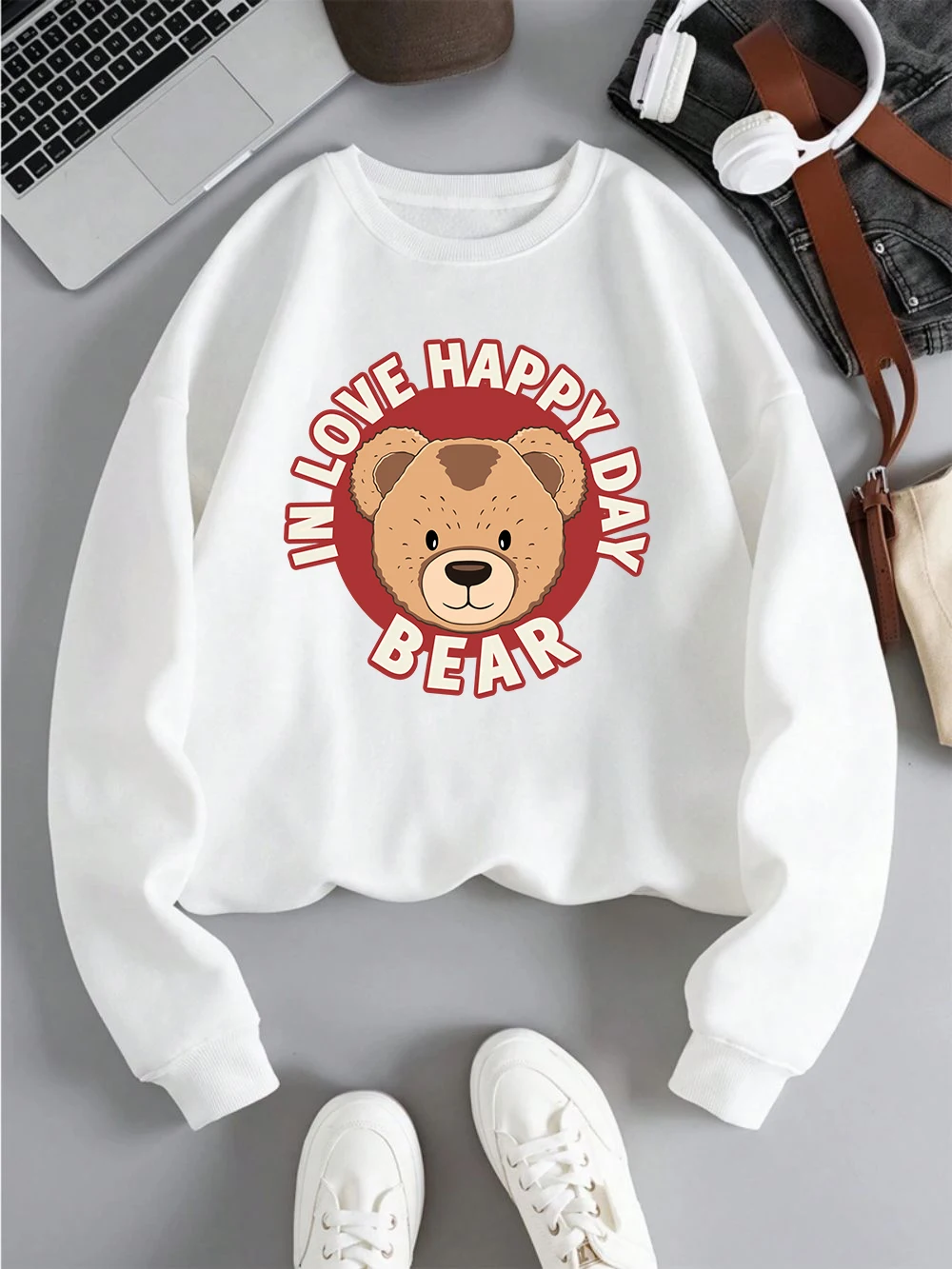 

Fashion Men Woman Pullover In Love Happy Day Cute Bear Printing Hoodie Breathable Fleece Warm Sweatshirt Winter Couple Clothes