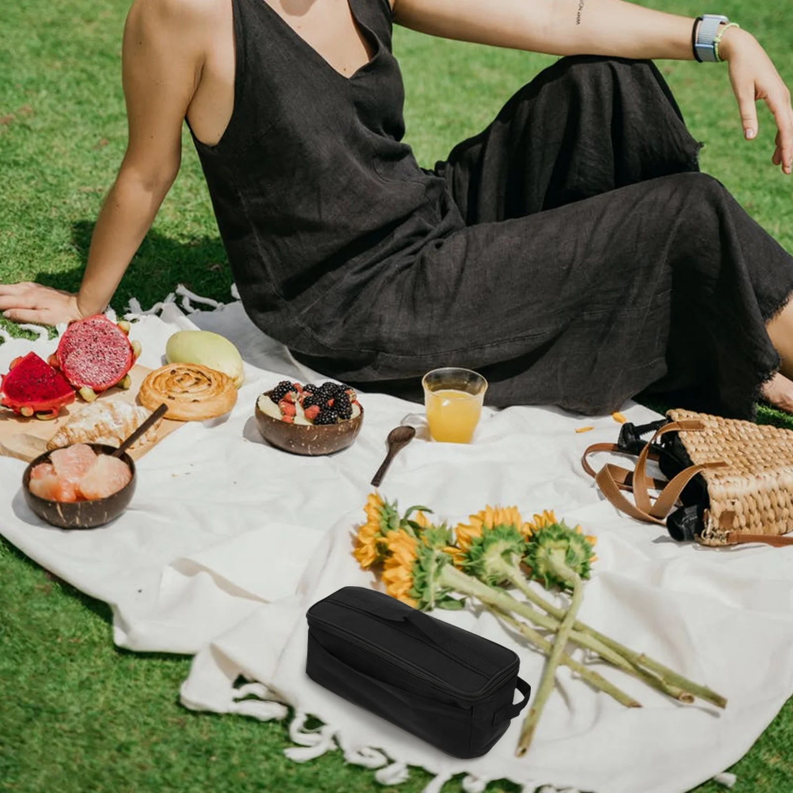 

Oxford Cloth Lunch Bag Black Zipper Lightweight Portable Picnic Tableware Container Drink Snack Fruit Meal Storage Box