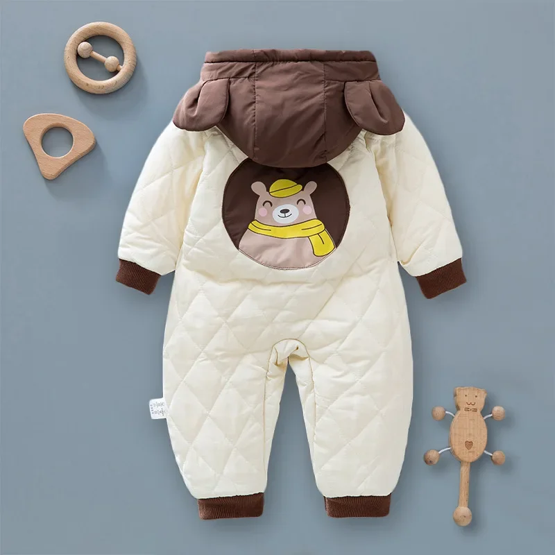 2024 Winter Newborn Baby Romper Infant Girls Cartoon Bear Thicken Cotton Jumpsuit Fleece Lining Hooded Rompers for Toddler Boys