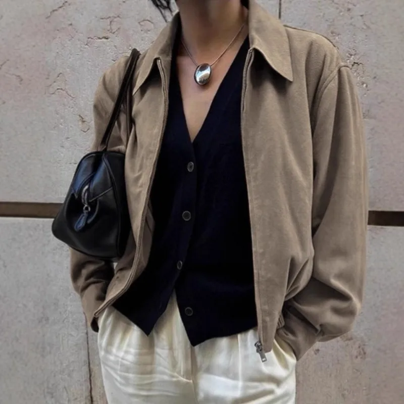

Suede jacket women's 2026 winter European and American vintage Maillard khaki loose lapel jacket coat