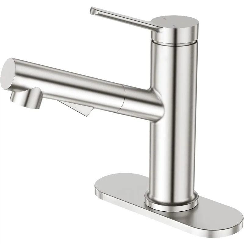 

Single Hole Bathroom Faucets, Pull Out Faucet with Pop Up Drain, Swivel Spout Single Handle Faucet 1 Hole Bar Basin Sink Faucet