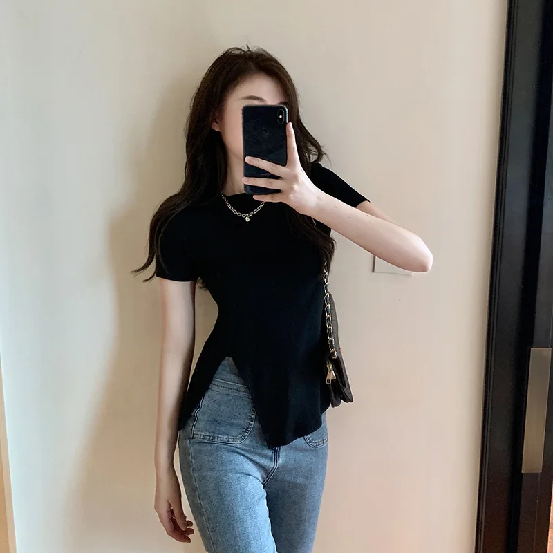 Split Korean Fashion T-shirts Women Kpop Y2K Slim Tops Sexy Vintage Kawaii Tees Shirts Gothic Cheap Clothes Woman Black Tshirts