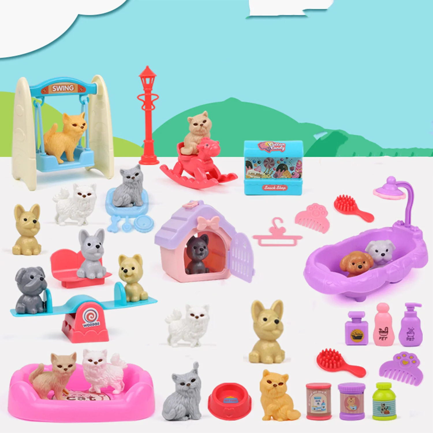 Children's play pet house toys, small dog and cat bathroom swing scenes, simulated feeding cat and dog pet houses