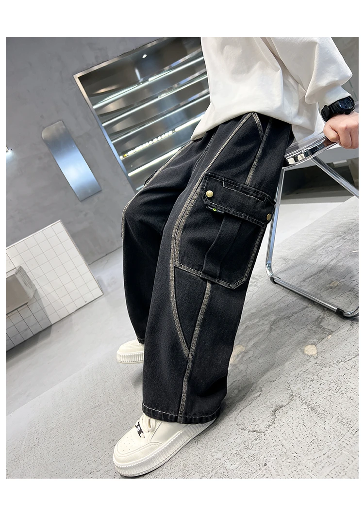 Neue lässige Kinder-Cargo-Jeans mit geradem Bein und Taschen für Teenager-Jungen, modische Street-Denim-Hosen, elegante Hosen für Kinder. – Detail 11