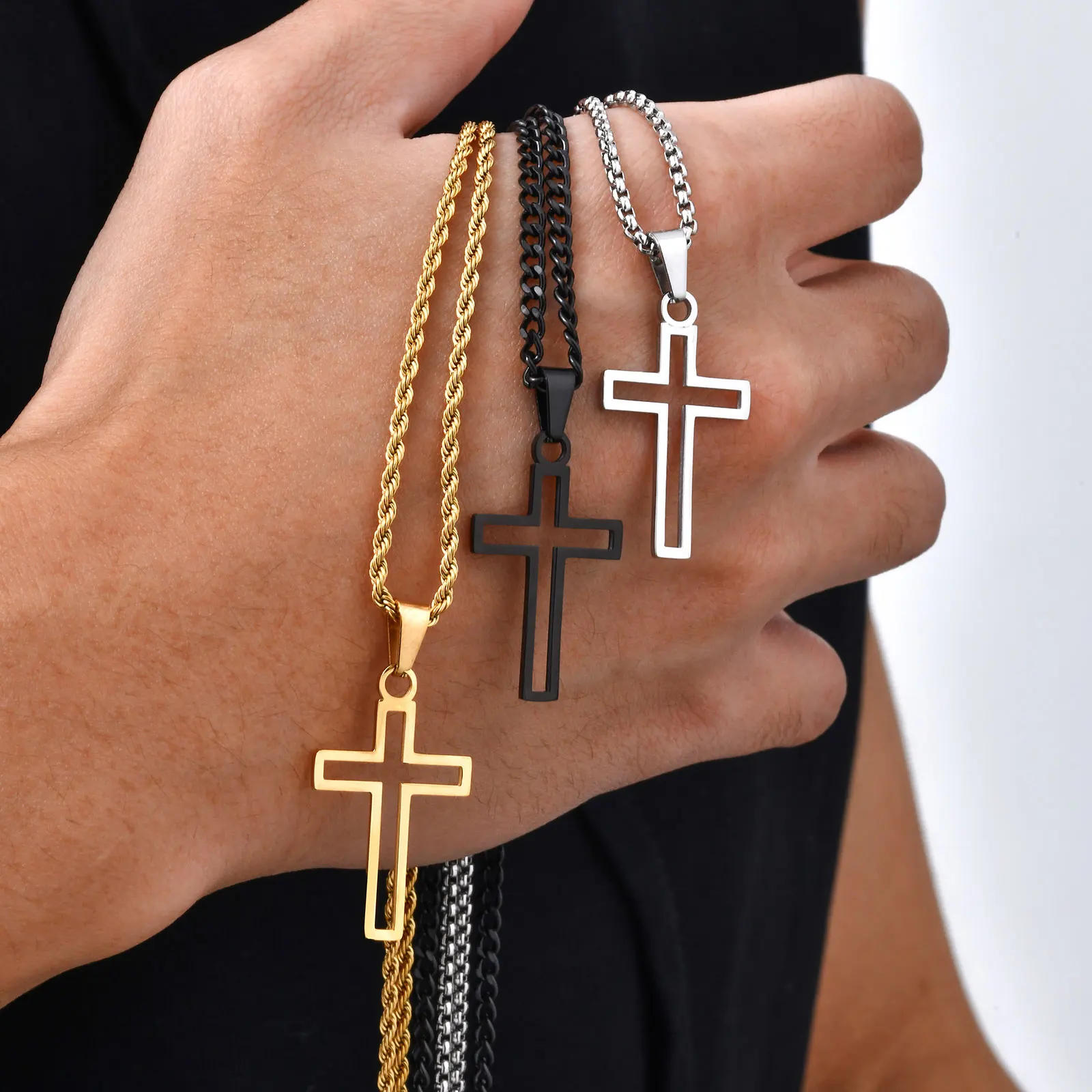Męskie naszyjniki z wycięciem krzyżowym, wodoodporny kołnierz z pustym krzyżem ze stali nierdzewnej, biżuteria na prezent religijnej wiary chrystusa