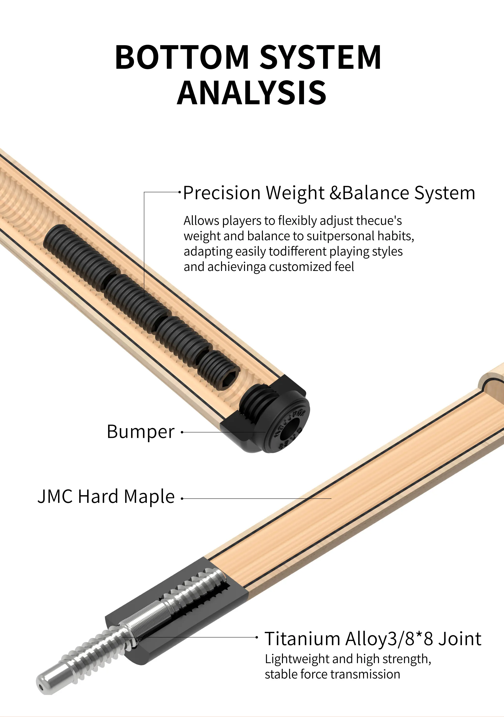 Poolqueue mit Carbonfaser-Schaft, geringer Abweichung, Profi-Taper, 12,5 mm Spitze, 3/8x8 Verbindung, K-03 für 8/9-Ball-Billard, KONLLEN – Detail 6