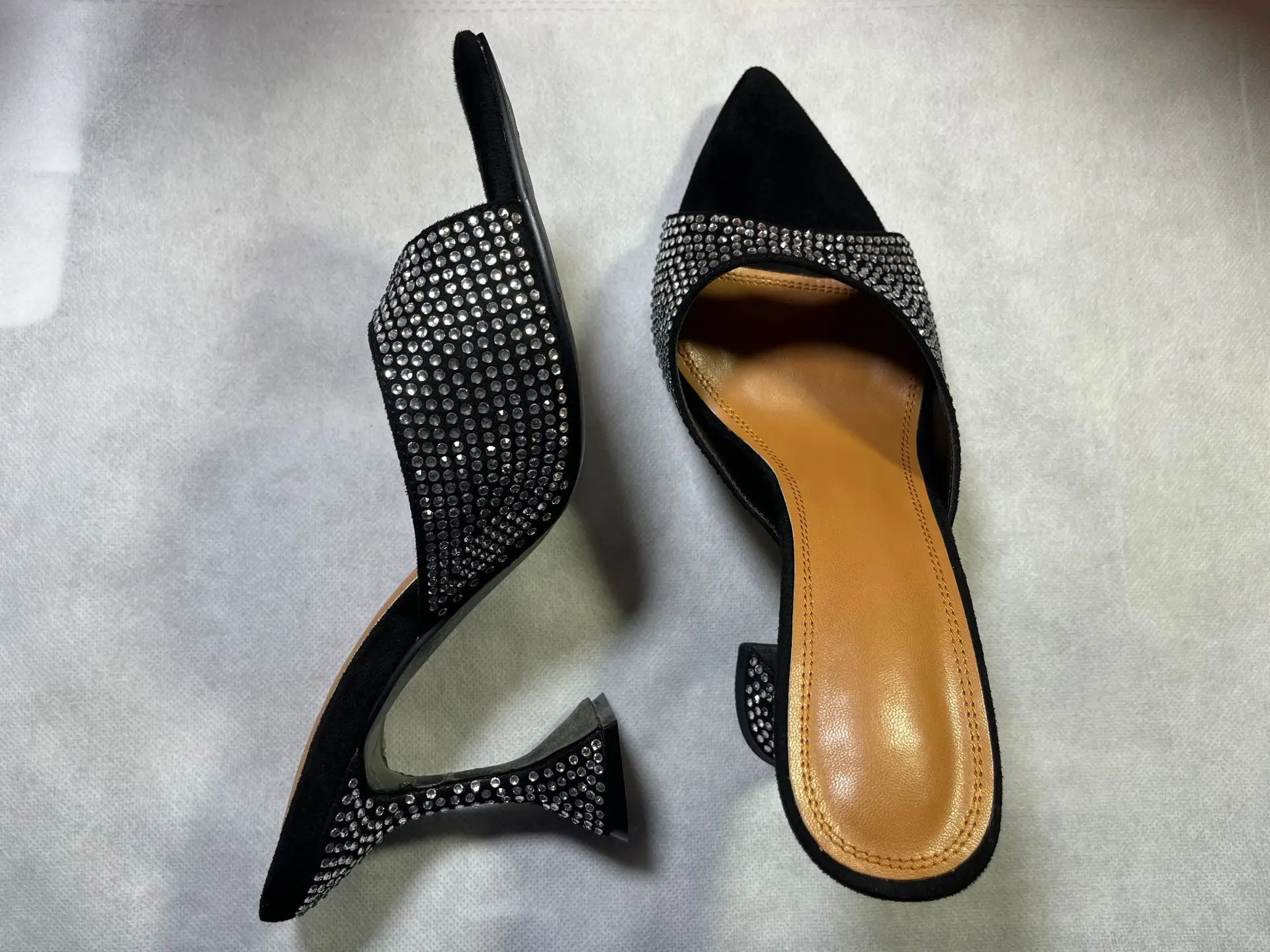 Bling Rhinestone Pointed Toe Outdoor Summer Women Slippers Spike High Heels Slip On Design Large Size Fashion Shoes