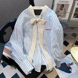 Women Korean Lacing Lace Bow Striped Blouse Spring Summer Temperament Long Sleeve Top Tee Prairie Chic Patchwork Loose Shirts
