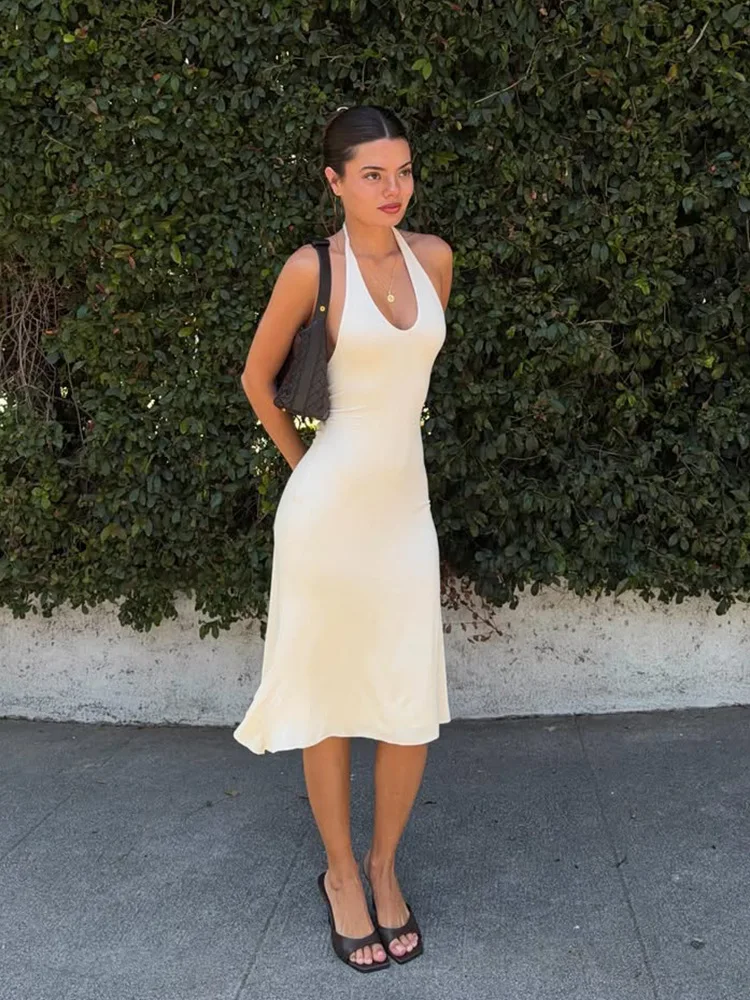 Damen, einfarbiges, weißes Midikleid mit Neckholder-Ausschnitt, ärmellos, rückenfrei, figurbetont, mit ausgestelltem Saum, elegant, für Partys, Clubs, Sommer, Strand, Slip-Kleid. – Detail 2