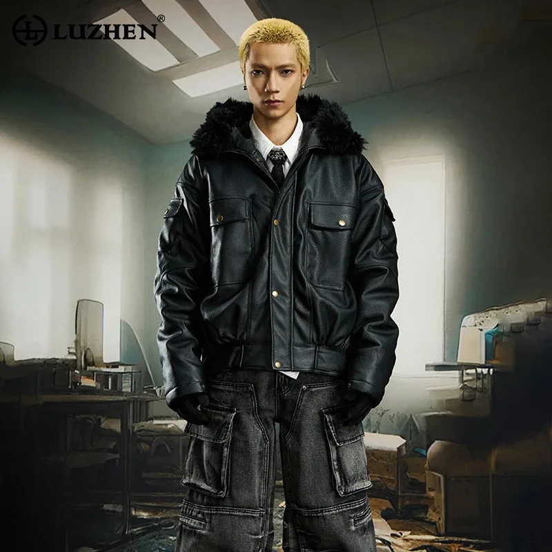 LUZHEN 2025 جديد شخصية سستة الربط فو الفراء مقنعين سترة جلدية الرجال أنيق الأصلي الشارع الذكور معطف مبطّن JY5300