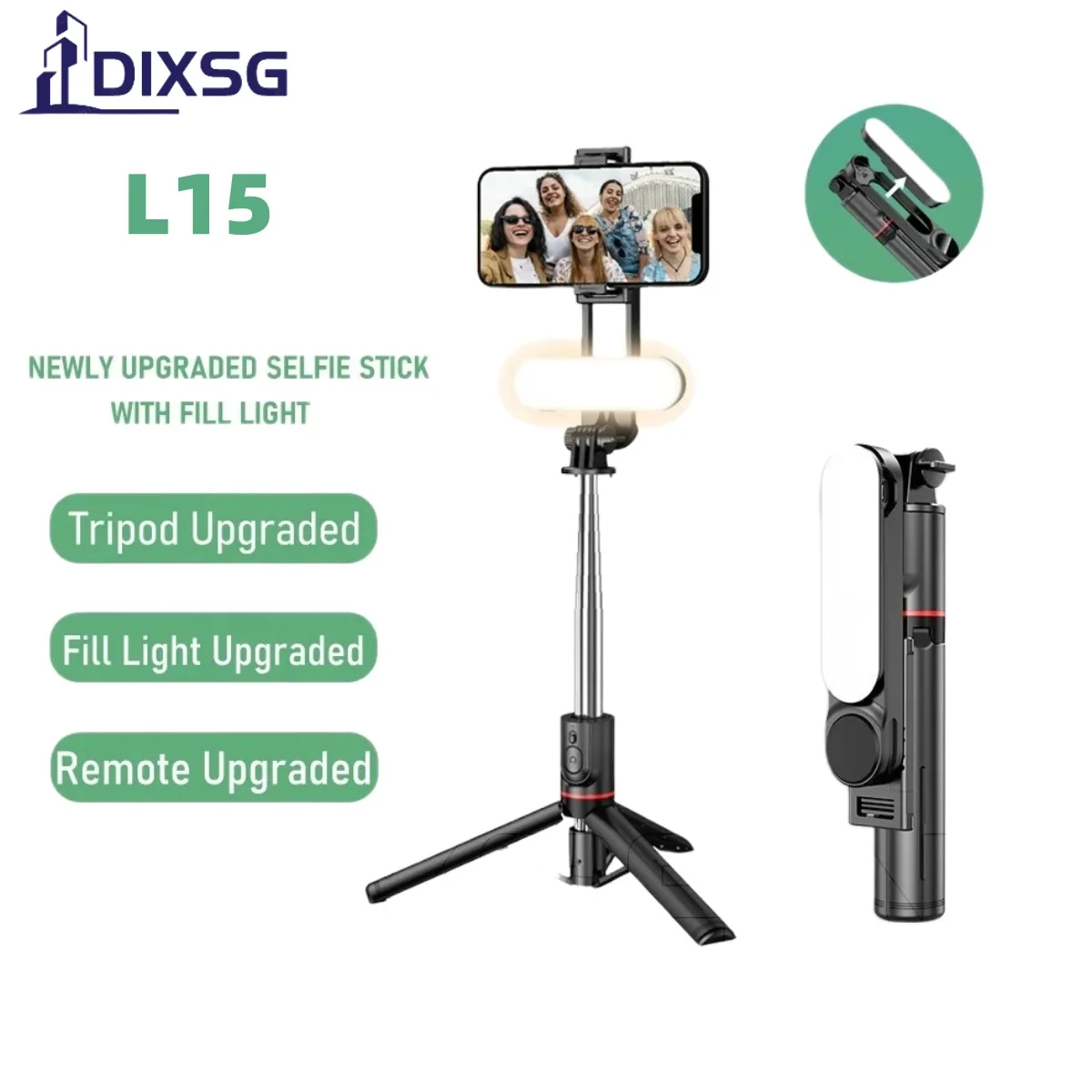 DIXSG Selfie Stick Tripod L15 with Wireless Remote Led Fill Light 360 Rotation 6 in 1 Portable Selfie Stick for Smartphone