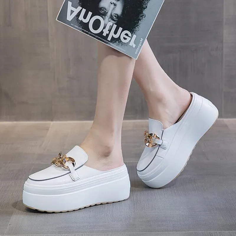 

New 8cm Genuine Leather Platform Shoes Wedge Slippers Chain Women Summer Shoes Mules Sandals Slides for Women Casual Party Shoes