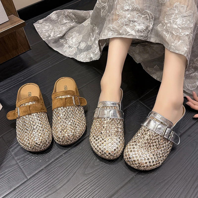 

2026 New Platform Baotou Half Slippers Women Wear Mesh Metal Buckle Heightening Sandals