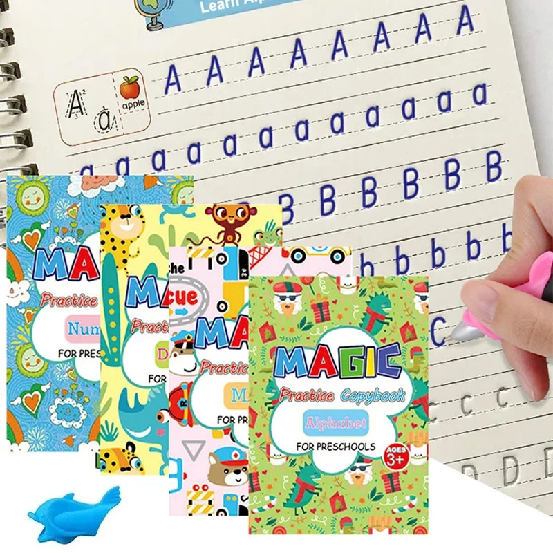 4 Books Reusable Calligraphy Copybook Learning Alphabet Painting Arithmetic Mathematics Kid\'s Handwriting Practice Book Baby Toy