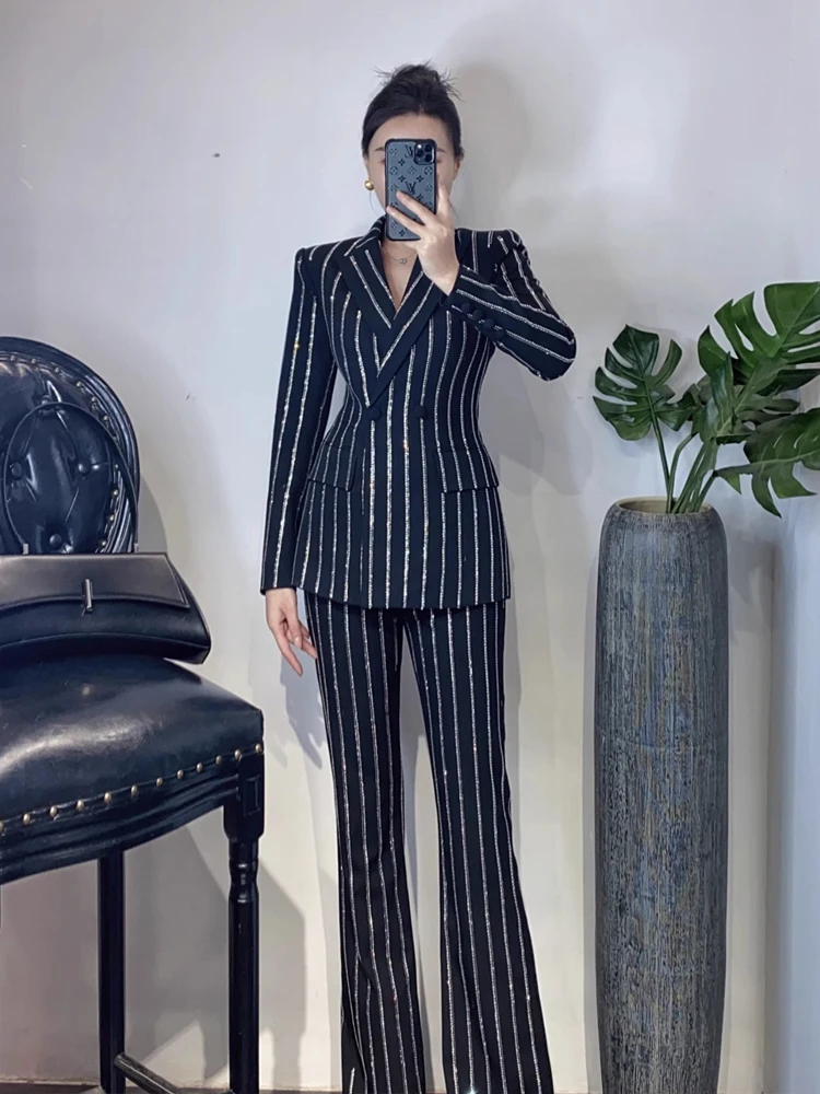 Blazer de trespassado duplo listrado feminino e calça Flare, strass de luxo, escritório, Lady, Outono, Inverno, 4O083, Conjunto de 2 Peças, 2022
