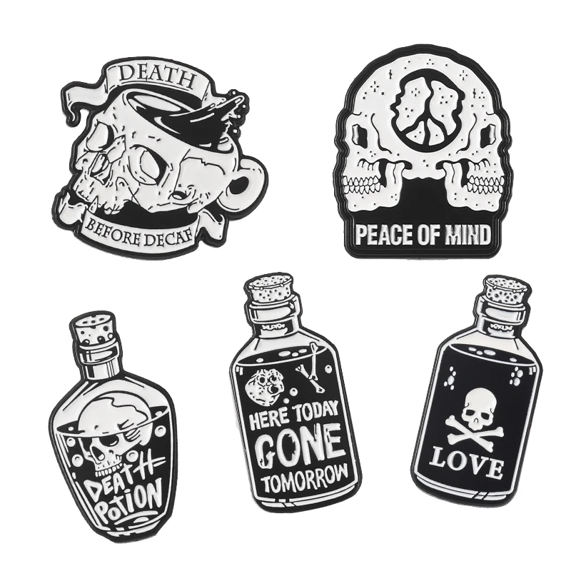 Punk Style Enamel Pin Badges Black Bottle Skull Skeleton Collection Brooch Denim Clothes Lapel Pins Jewelry Gifts for Friend