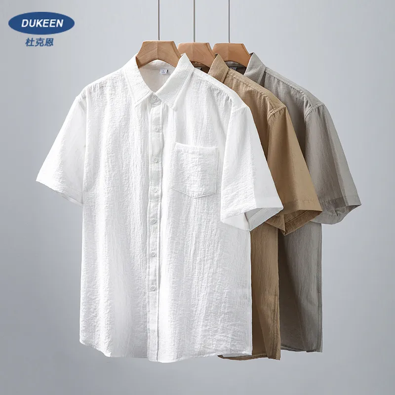 

DUKEEN Men's Summer Cool Lyocell Shirt Short Sleeve Breathable Pocket Shirt UV Protection High-End Casual Shirt