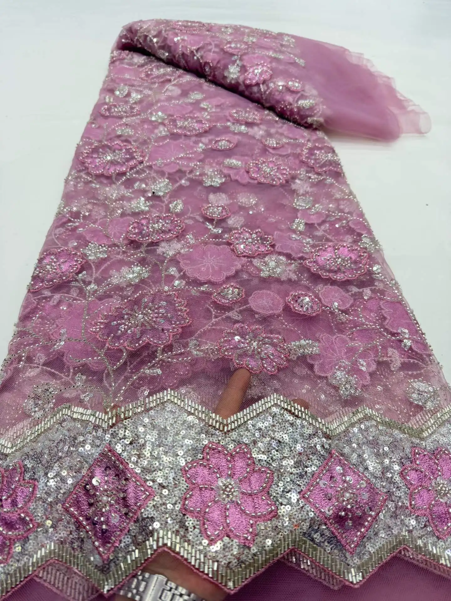 

African Beaded Groom Lace Fabric 2026 High Quality French Mesh Lace Fabric Sequins Nigerian Lace Fabrics For Wedding Dress Sew