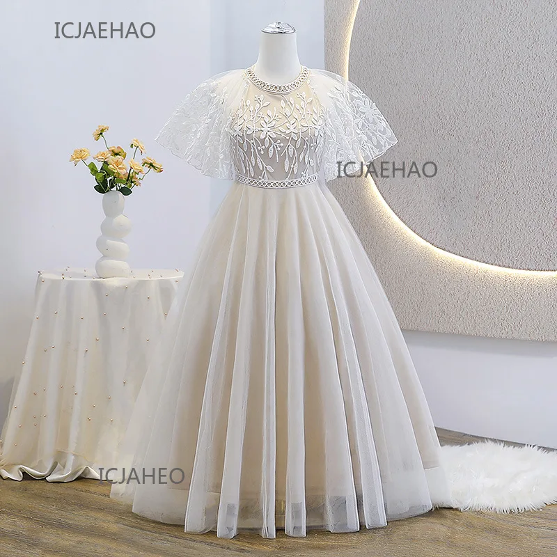 

Wed Dress 2025 Children Girls Pageant Host Evening Gown Vestido Kids Lace Embroidery Tulle Princess Piano Dresses Flower Girl