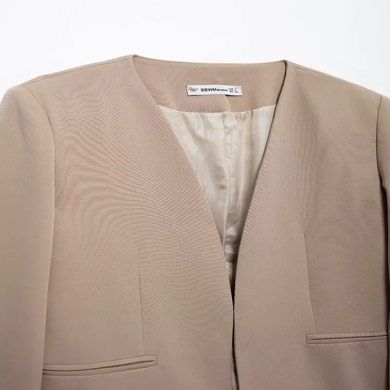 2024 Autumn New Sle Women's Casual Pure Color No Collar Commuter Suit Versatile Design Slimming Effect Long Sve Regular ...