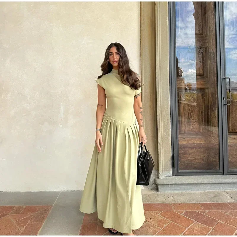 فستان ماكسي أنيق للسيدات لصيف 2025 موضة كتف مائلة وأكمام قصيرة مطوي على شكل حرف a رداء طويل للحفلات فساتين غير رسمية