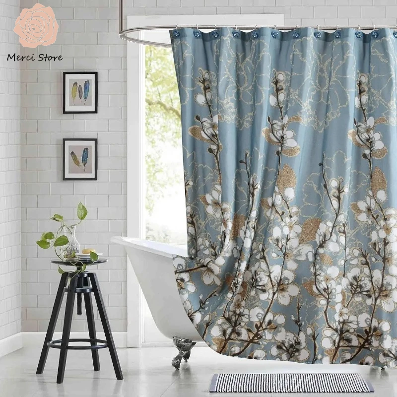 

Luxury Plant Branch Gold Flower Border Print Long Blue Shower Curtain for Bathroom Decor Inches Waterproof Fabric Drapes