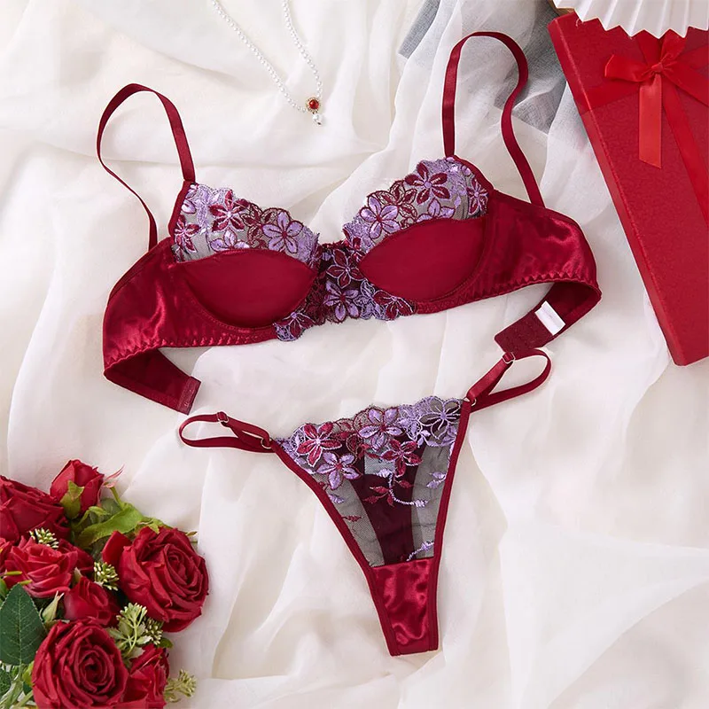 

Sexy Female Lingerie Floral Embroidery Underwear Set Hot Red Pure Desire Bra and Panties Sets Romantic Intimate Erotic Lingerie