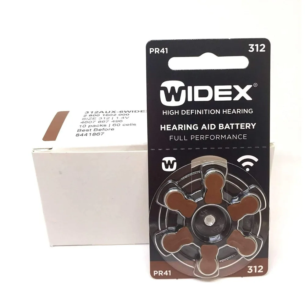 Widex hearing aid battery Size 312 (PR41) (10 packs = 60 batteries)