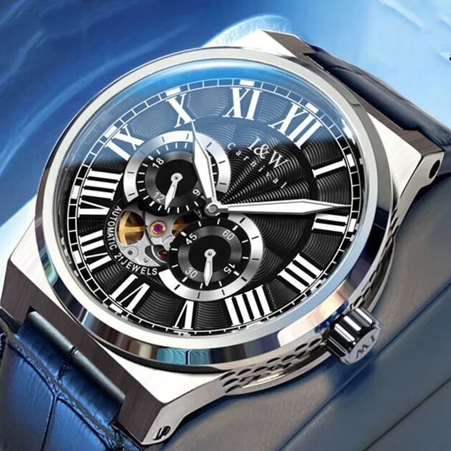 I&W Men Automatic Watch 41mm Mechanical Wristwatch 50m Waterproof Luminous Sapphire Mirror Small Second Dial 24 Hours