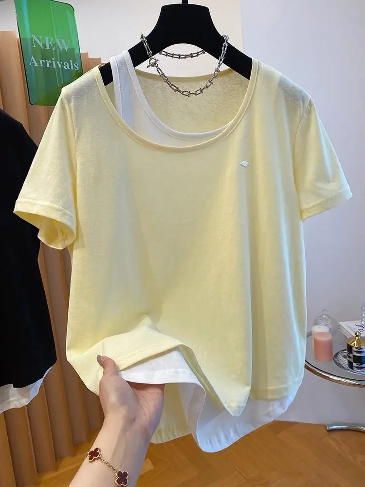 

Summer Tshirts Women Fake Two Piece Splicing T-Shirt Fashion Tops Ladies Chic T-Shirt Female Short Sleeve Casual Tee