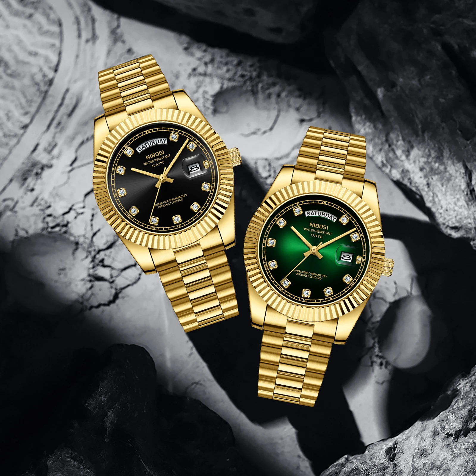 NIBOSI Fashion Brand Luxury Watches For Men Stainless Steel Waterproof Luminous Band Diamond  Watch Casual Sports Date Watch Men