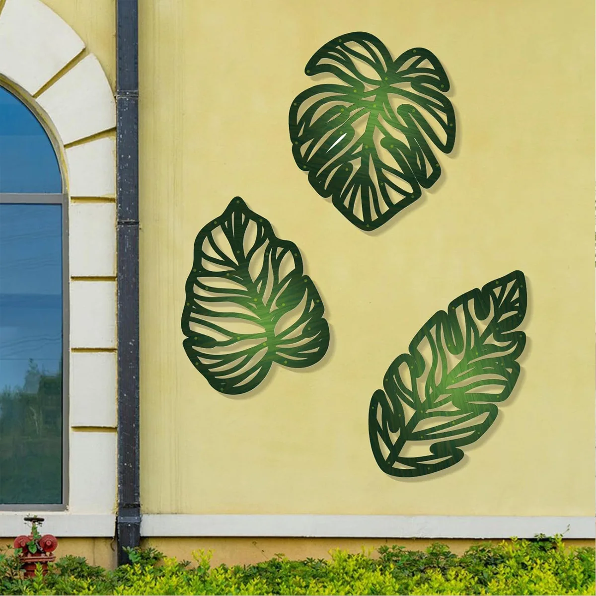 3pcs DIY Wooden Palm Leaves Wall Art Vintage Green Leaf Plant Decor Hanging Accents for Home Bathroom Office