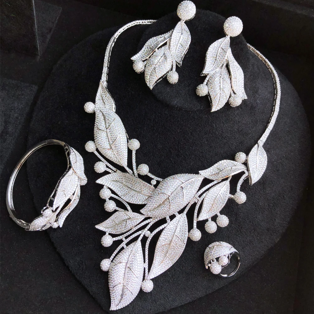 GODKI BIG Fashion Luxury 4PCS Tricolor Leaf African Jewelry Set For Women Wedding Party Zirconia Indian Dubai Bridal Jewelry Set