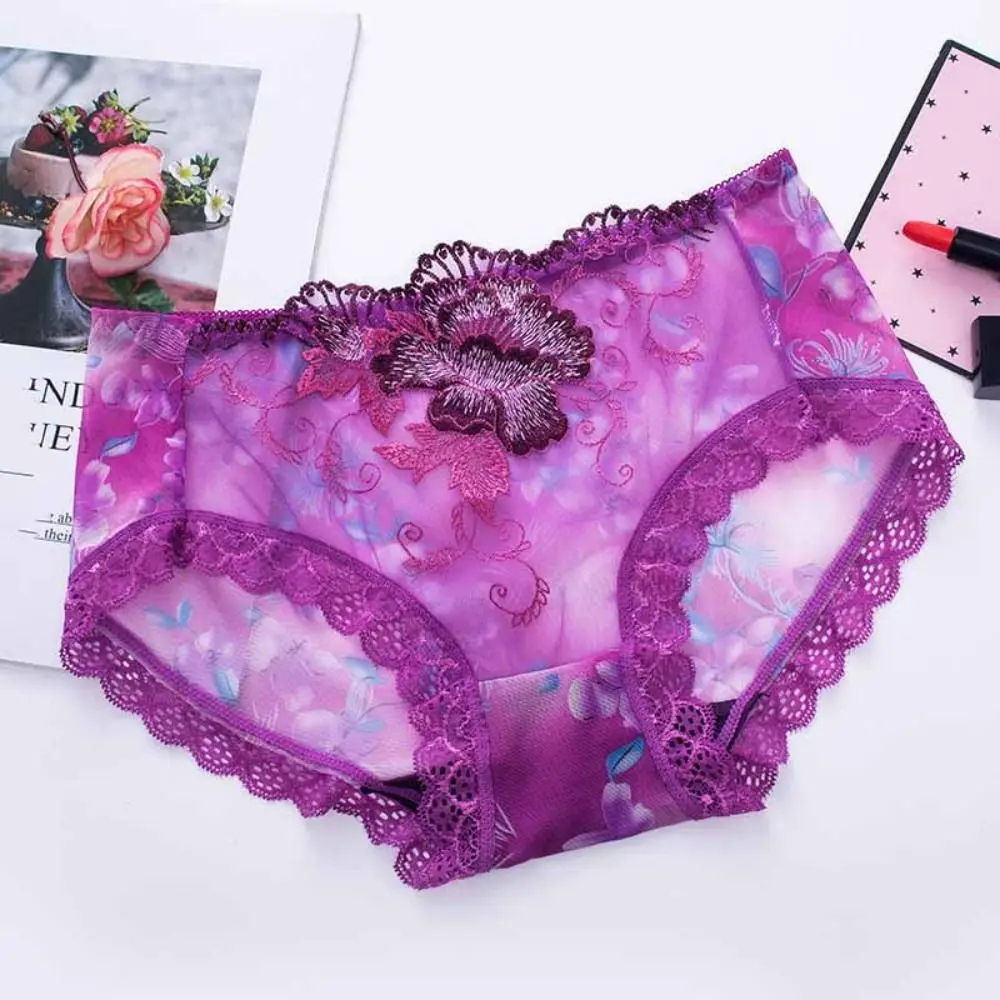 4 pçs lingerie malha renda flor cuecas plus size meados de cintura rendas sem costura cuecas transparentes para presentes femininos