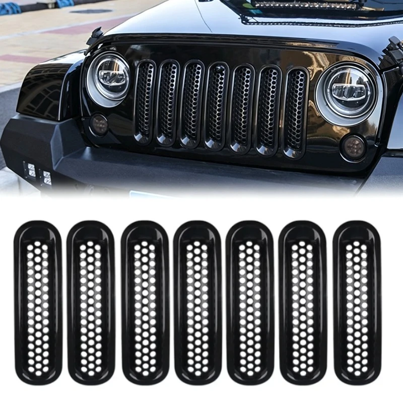 7PCS For Jeep Wrangler JK 2007-2017 ABS Car Front Grille Insert Grill Cover Trim Mesh Grille Inserts Covers Exterior Accessories