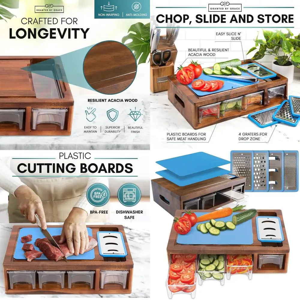 

Acacia Meal Prep Cutting Board Set with Containers, Graters, Chopping Boards, and Juice Grooves