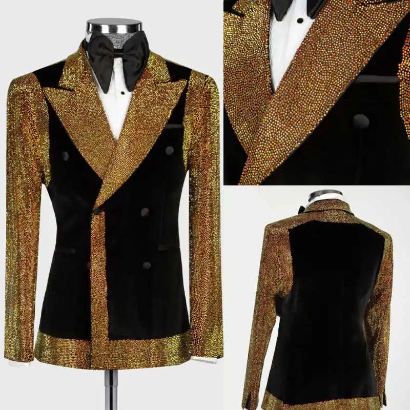 Elegant Golden Beads Men Suits Peaked Lapel Customized Groom Party Tuxedos 2 Pieces Sets Male Blazers Fashion Costumes Homme