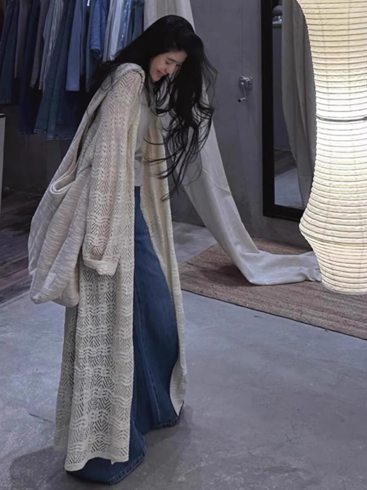 

Ladies Summer Thin Knitted Open Cardigan Hollow out Loose Fit Long Sve V-Ne Mid-Length Outerwear Korean Sle Vest Top
