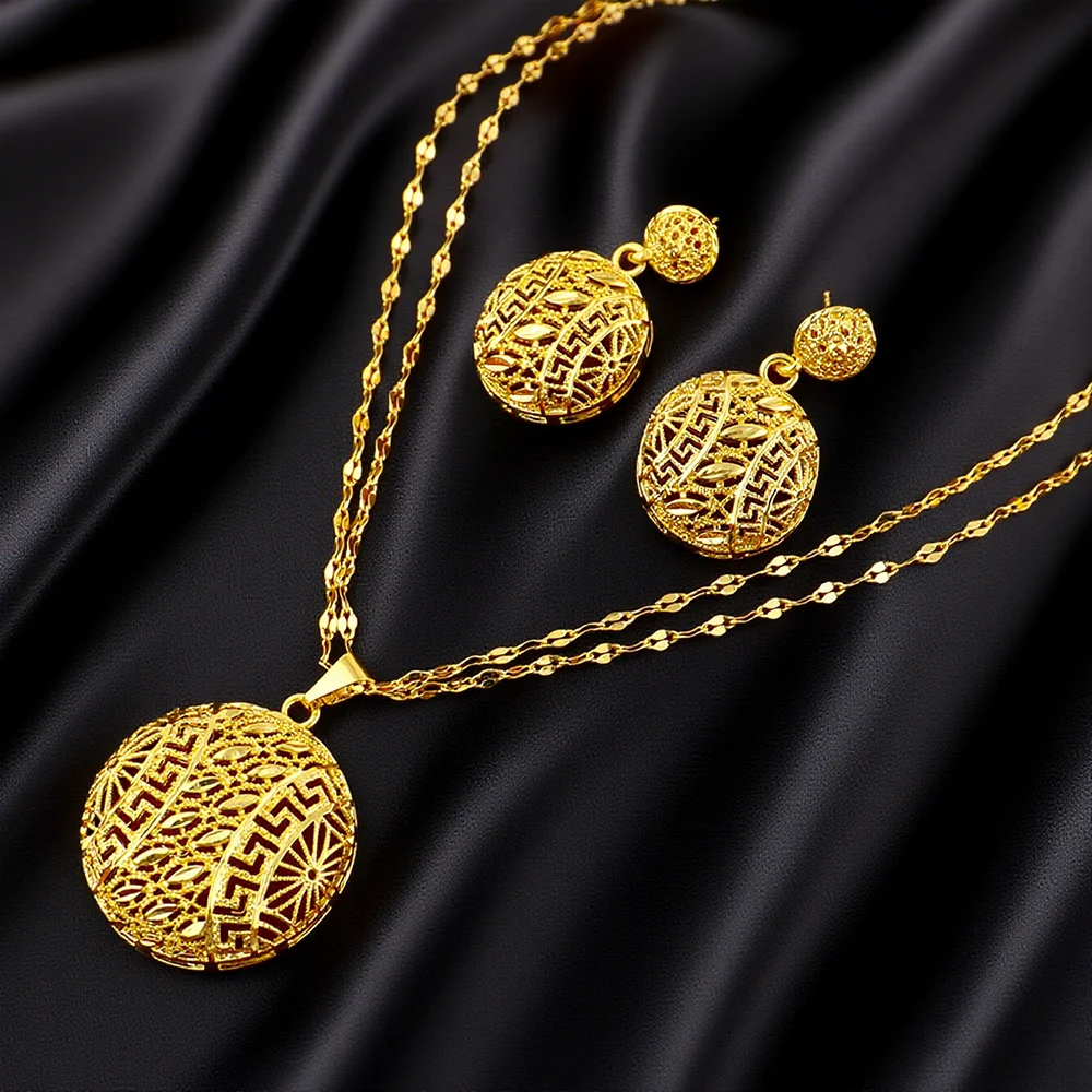 Dubai 24K vergoldet verzogene Geometrie Halskette Ohrringe Schmuckset für Frauen African Indian Nigeria Braut Hochzeit Party Geschenk – Detail 4