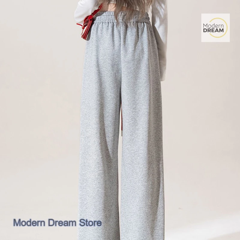 Korean style Apple Embroidery Sports Pants Women's Spring and Autumn elastic drawstring high waist loose Joker wide-leg pants