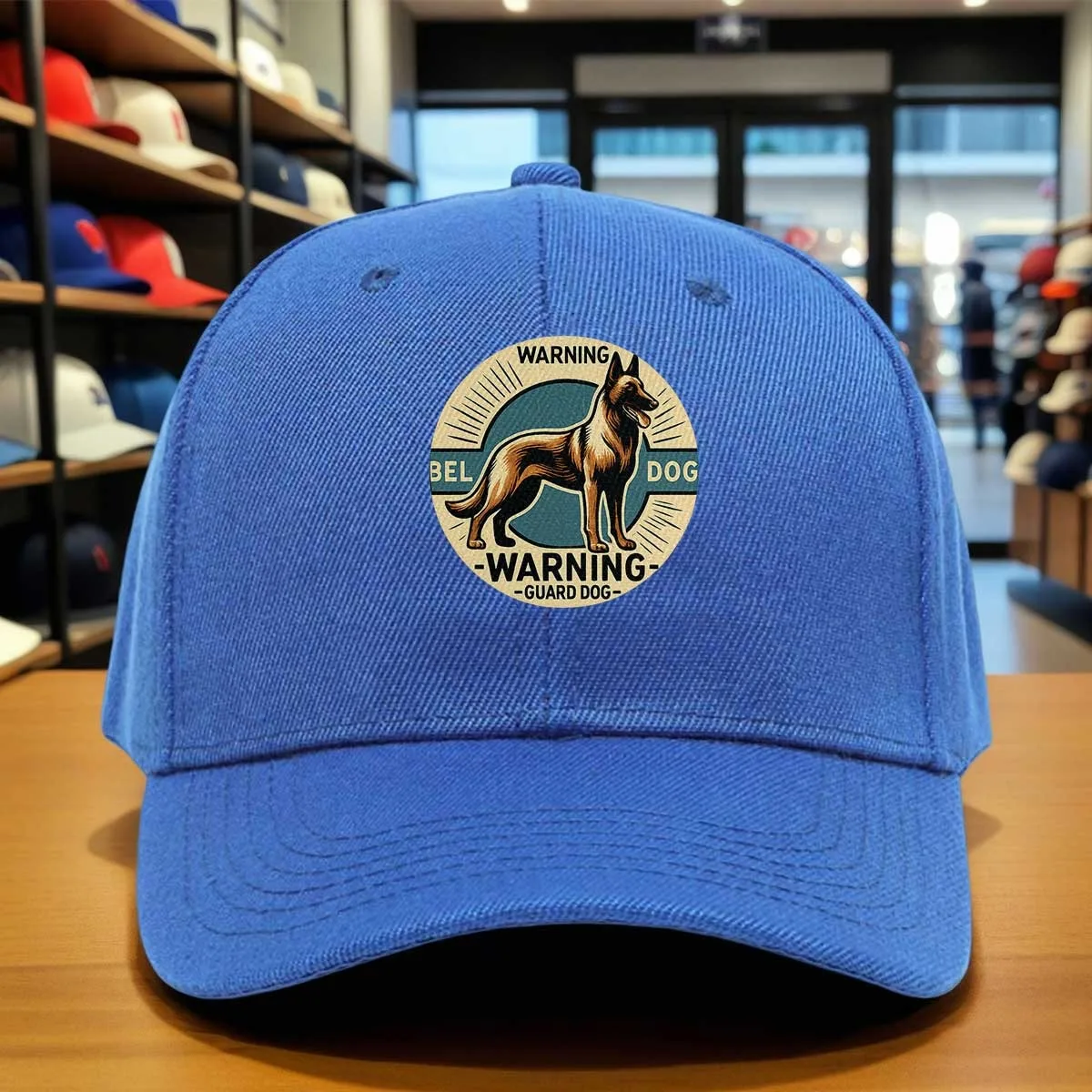 of Warning Guard Dog Belgian Malinois Print Baseball Cap, Retro Style Warning Logo Hat, Casual Adjustable Cap for Everyday Use